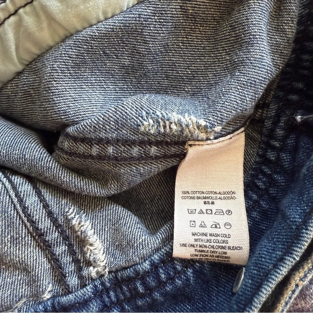Free People Dark Denim Jean Jacket with Heathered Gray Knit Sleeves